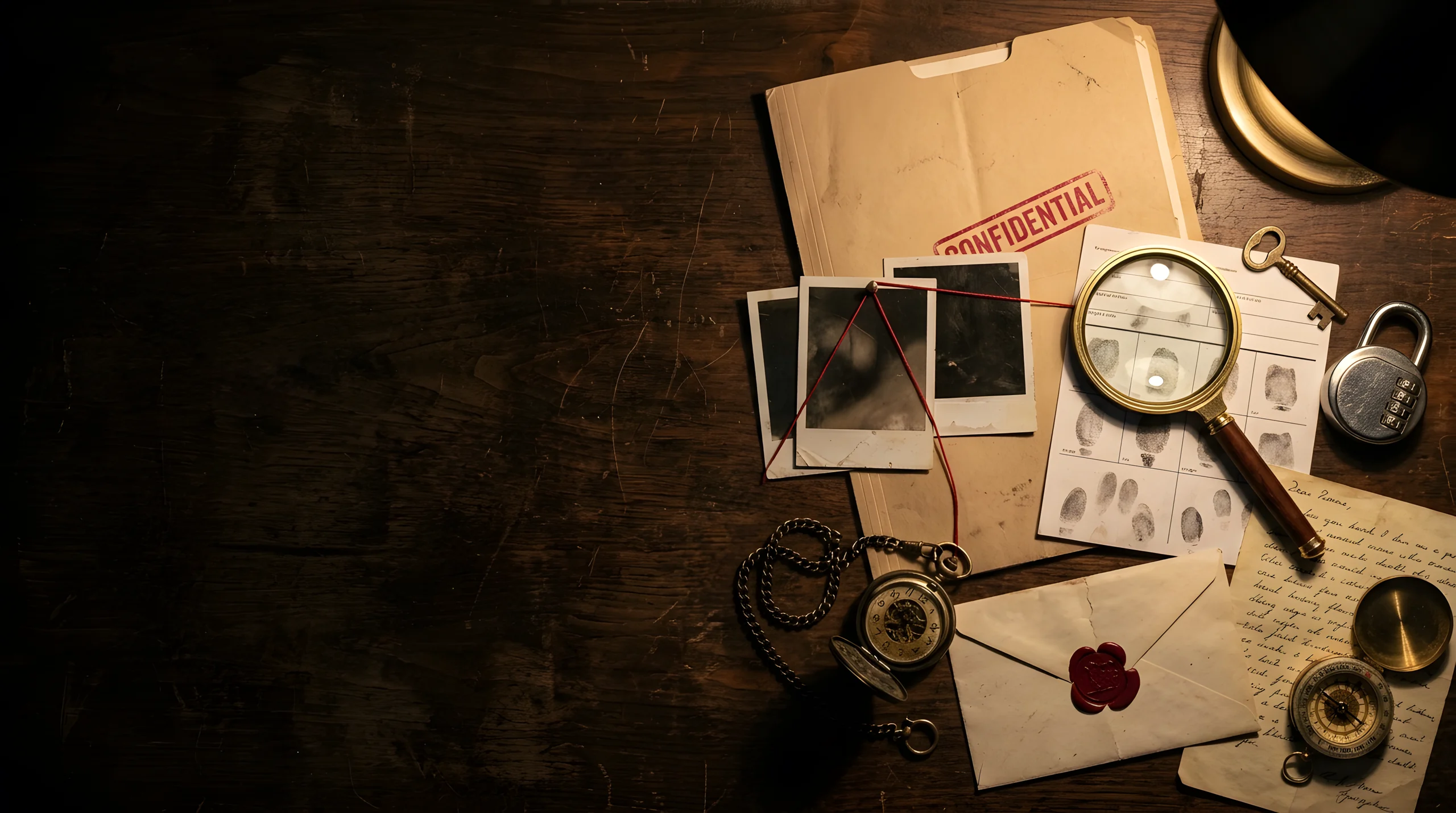 An investigator's desk in the dark: confidential case file, photos linked by red string, fingerprints under a magnifying glass, key, padlock, pocket watch and sealed letter